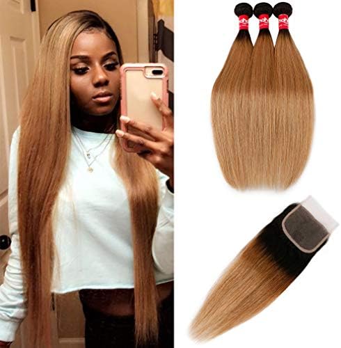 Haha Ombre Brazilian Virgin Hair Straight Ombre Hair 3 Bundles With Closure 2 Tone T1B/27 Dark Roots Honey Blonde Human Hair Bundles Weave With Lace Closure Ombre Hair Extensions 14 16 18+12
