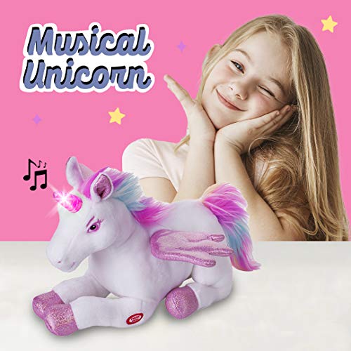Dazmers Unicorn Stuffed Animal with Flapping Wings Musical Plush Unicorn Toy with Magical