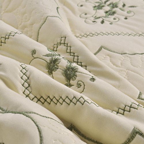 3-Piece Quilt Coverlet Bedding Set Full/Queen(90"x90") Size Bedspread Floral Pattern Exquisite Embroidery Lightweight Hypoallergenic by JessyHome, Olive - Thumbnail 3