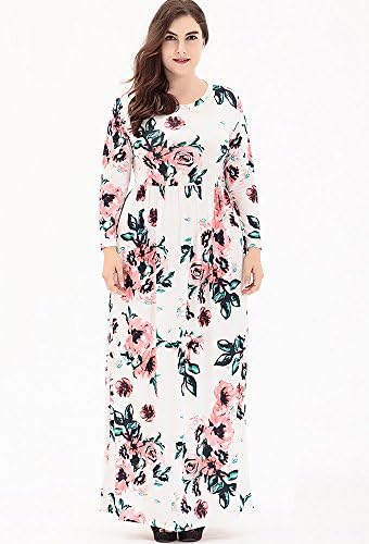 ONECHANCE Women Long Sleeves Round Neck Maxi Long Floral Dress Plus Size