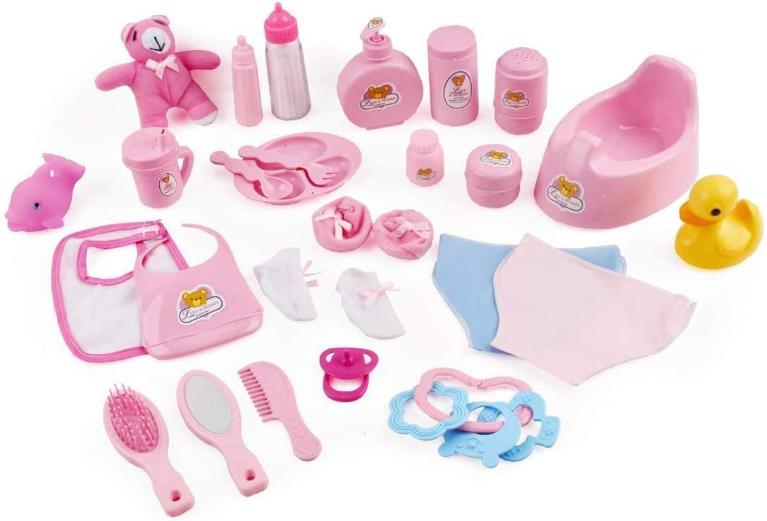 deAO Baby Doll Accessories Set 40PCS Pretend Play Role Play Games Set including Baby Feeding Accessories, Bag, Doll Bear - Image 5