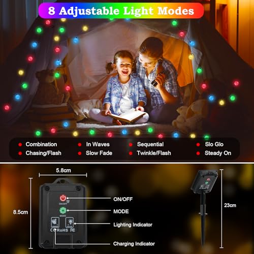 Realky 18M 100 LED Outdoor Solar String Lights with 8 Modes and Memory Function, IP65 Waterproof, Decorative Lights for Terrace, Balcony, Gazebo, Party (Multicolor)