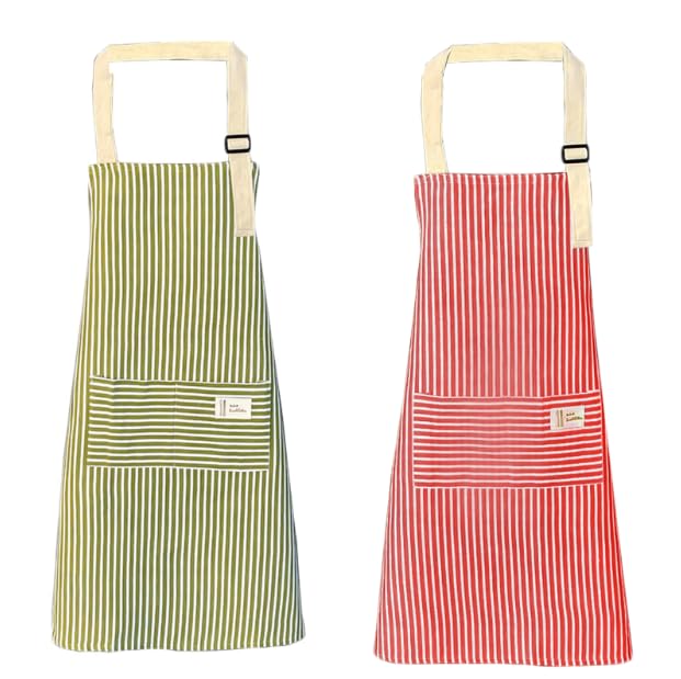 qipuneky Set of 2 Women's Kitchen Aprons with Pocket, Cotton Linen Apron for Cooking, Baking, Painting, Housework, Pink + Green