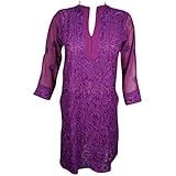 Mogul Interior Women's Tunic Dress Purple Embroidered Georgette Sheer Cover Up S