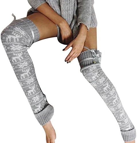 JINSHUN Women Red Christmas Reindeer Knitted Thigh High Over The Knee Socks, Ladies Warm Long Cotton Stockings (B)
