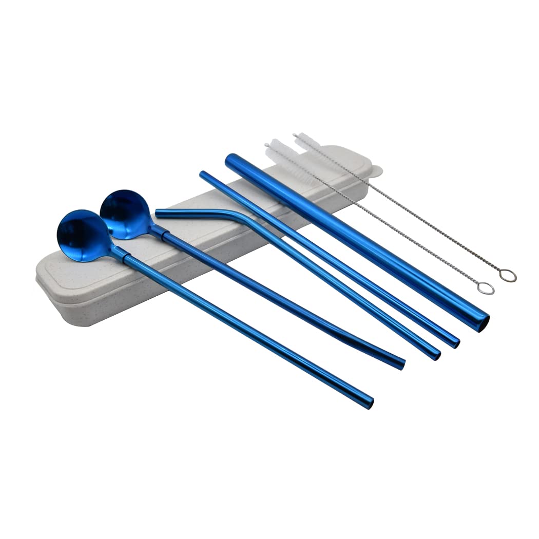 Hoshen 7-Piece Blue Stainless Steel Straw Spoon Set, 8.5 Inch Reusable Straw, with Carrying Case (3 Straws/2 Straws Spoon/2 Brushes)