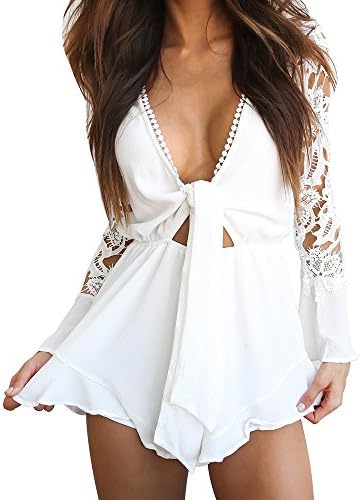 RUIGO Women's Lace Trim Deep V Neck Sexy Long-Sleeved Lotus Chiffon Jumpsuit Romper Playsuit