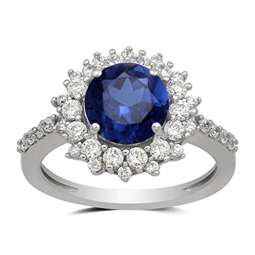 Jewelili Sterling Silver Created White Sapphire Round And Blue Sapphire Cluster Ring, Size 7