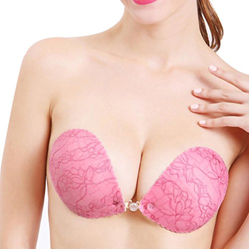 Adhesive Bras,Han Shi Women Fashion Strapless Print Lace Silicone Wire Free Push Up Cover (C, Purple)