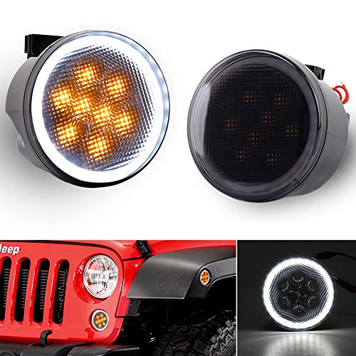 JK Turn Signal Lights White DRL Amber LED Front Grill Signal Parking Lights Smoke Lens Replace 2007-2017 Jeep Wrangler JK JKU