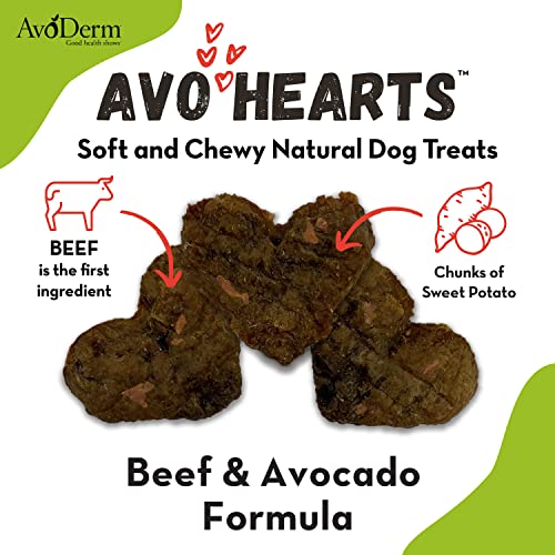 AVODERM AVOHEARTS BEEF AND AVOCADO FORMULA DOG TREATS, 5OZ BAG