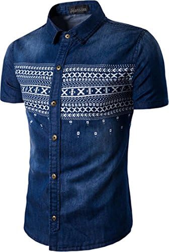 jeansian Men's Retro Short Sleeve Button Down Denim Shirt 84P8 Darkblue M