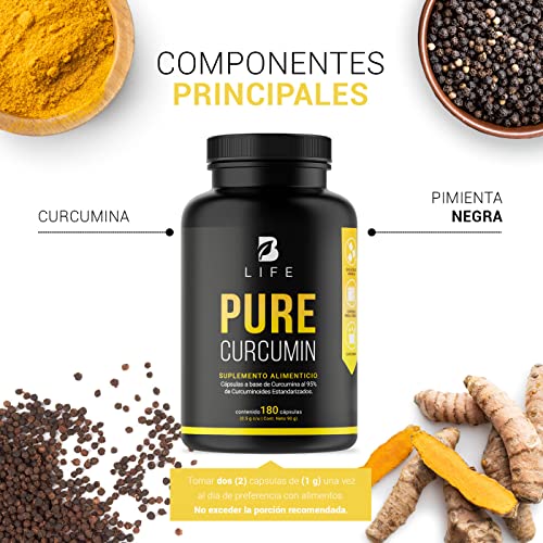 Curcumina Pura de 180 Cápsulas 1000 mg por porción. Ingredientes Naturales. Pure Curcumin B Life.