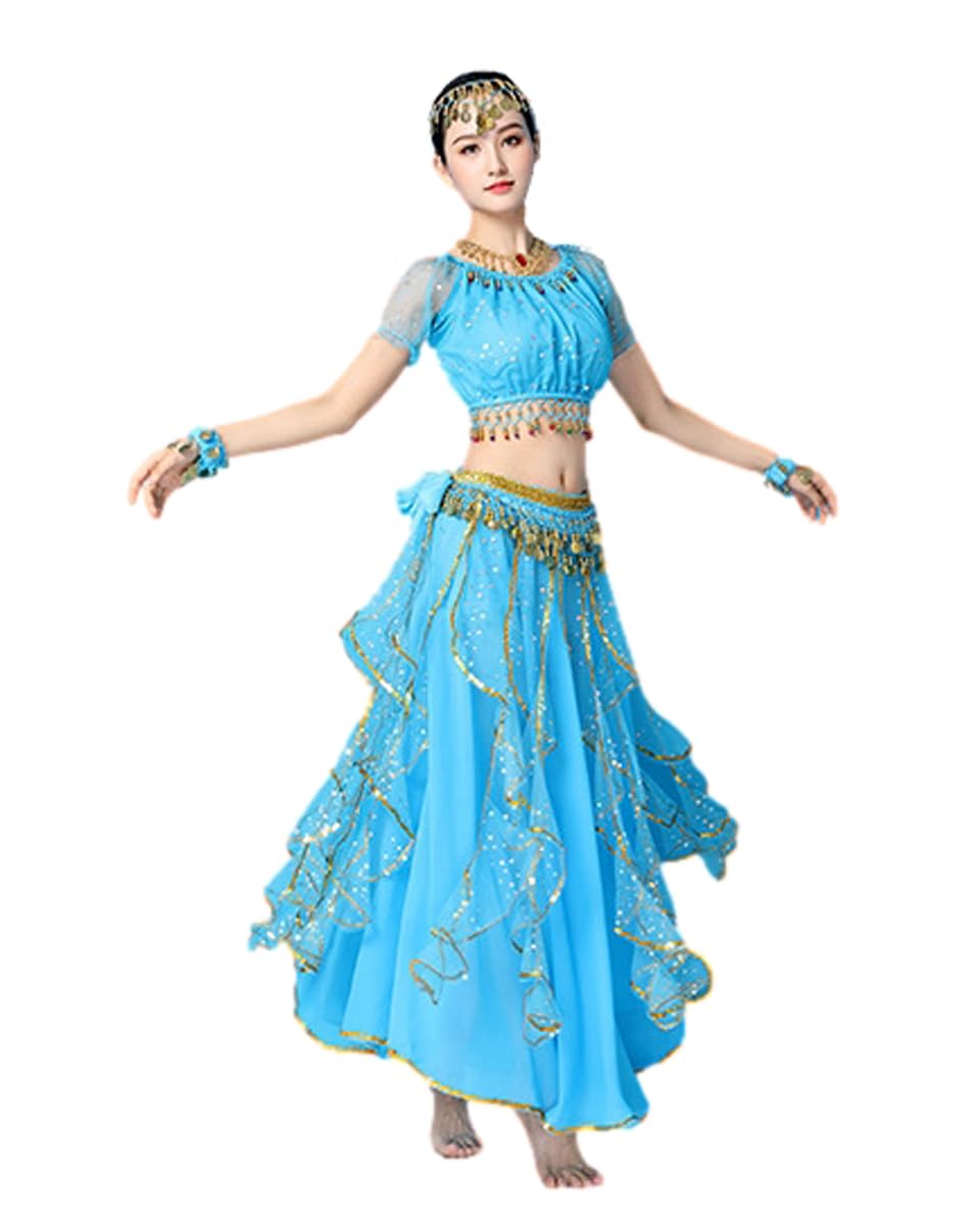 Bollywood Indian Womens Arabian lace Ribbon Belly Dance 3-Piece Dress Girl Costume (top/Skirt/Belt Scarf) (Cyan, M)