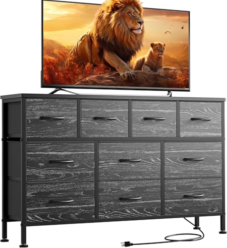 Lulive Dresser for Bedroom, 10 Drawer TV Stand with Power Outlet, Entertainment Center Chest of Drawers for 55 Inch Long TV, Wide Fabric Dresser for Storage & Organization (Black Wood Grain)