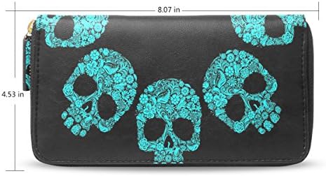 Clutch Leather long Wallet for Women,Blue Sugar Skull,Card Holder Purse Bag