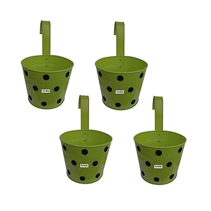 Kraftsplanet Garden Decor Set of Four Polka Painted Ribbed Design Railing planters with Detachable Hooks.