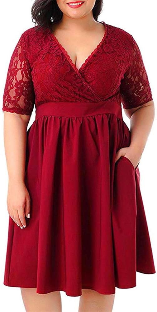 Aniywn Plus Size Short Sleeves Wrap V Neck Empire Waist Evening Dress Cocktail Party Midi Dress for Women