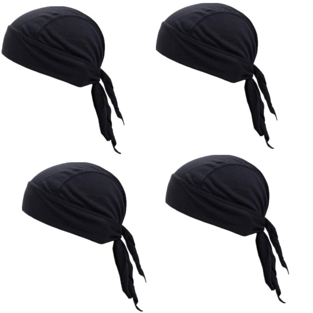 GUIFIER 4 Pack Outdoor Sports Headwear Breathable Mesh Cycling Bandana Under Helmet Headband Pirate Hat,Skull Cap Bandana Cooling Motorcycle Helmet Liner Beanie Biker Cap for Men Women(Black)