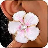 Exquisite White Enamel Flower Pearl Stud Earrings for Women, Boho Dainty Gold Large Floral Petal Earring Fashion Y2K Party Holiday Jewelry Accessories