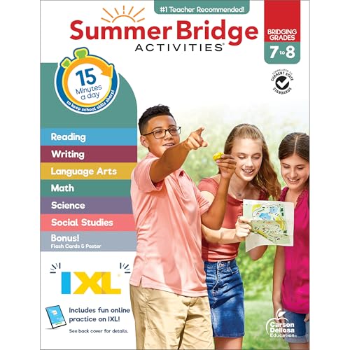 Summer Bridge Activities 7th to 8th Grade Workbooks All Subjects, Middle School Books With Math, Language Arts, Reading Comprehension, Science, Social Studies, Fitness, Flash Cards, eBook, and More