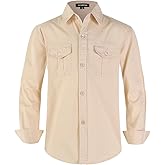 Spring&Gege Boys' Long Sleeve Button Down Shirt for Kids Woven Solid Two Pockets