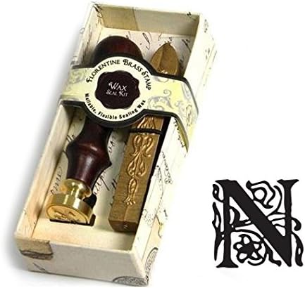 Initial Wax Seal Kit - Wood Handle with Gold Sealing Wax (Letter N)