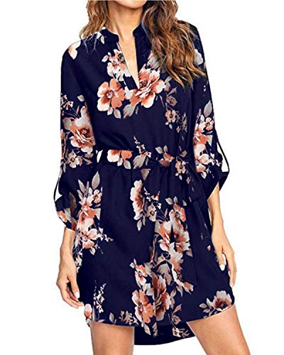 kenoce Women's Shirt Dresses Long Sleeve Floral Printed Dress V Neck Summer Casual Tunic Dress with Waist Tie P-Blue L