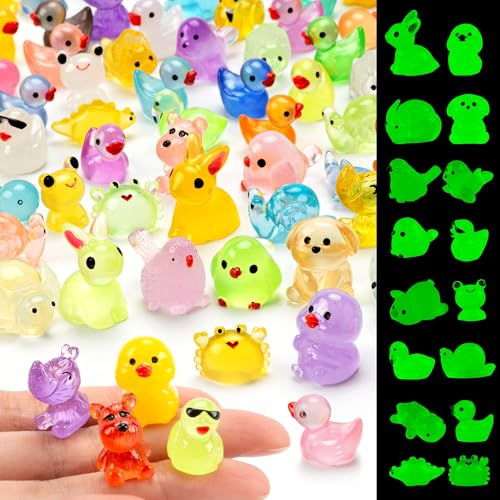 FEXIA 100 Pcs Mini Resin Animals 20 Types Glow in The Dark Figurines Bulk Set for DIY Garden Aquarium Micro Landscape and Party Decoration Desk Pets and Miniature Accessories
