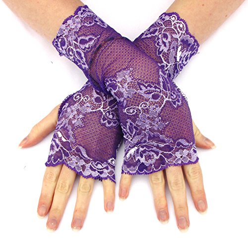 Purple Lavender Silver Lace Fingerless Gloves Silk
