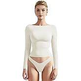 SUUKSESS Women Crew Neck Long Sleeve T Shirts Double Lined Tight Fitted Crop Top