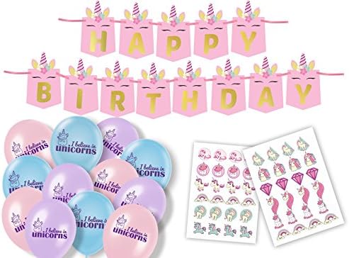 Glitter Owl Unicorn Birthday Party Supplies - Happy Birthday Banner, Balloons and Temporary Unicorn Tattoos for Party Favors - 61 Piece Themed Kit