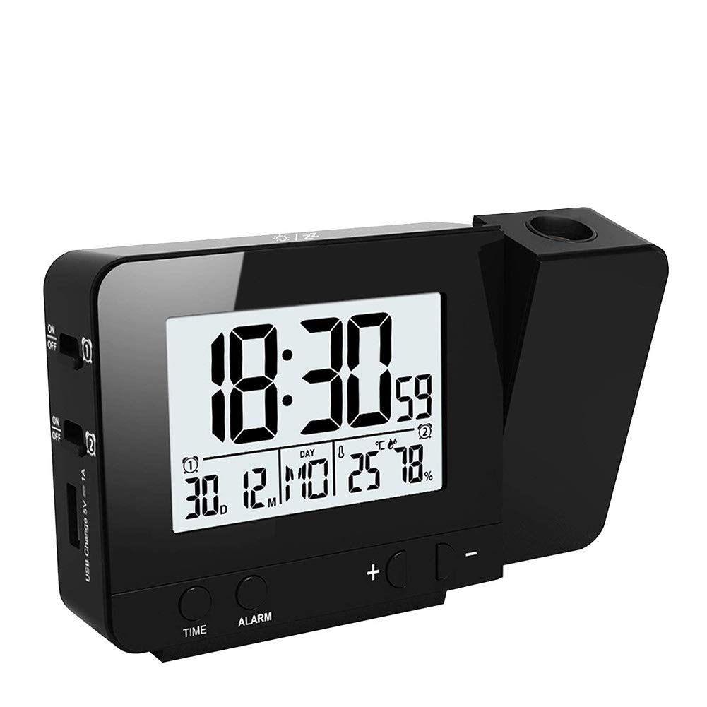 Queta Projection Alarm Clock, Digital Clock with Time, Temperature Projection with Dual Alarm, Humidity, Snooze, Timer, Calendar, USB Port, Black Colour