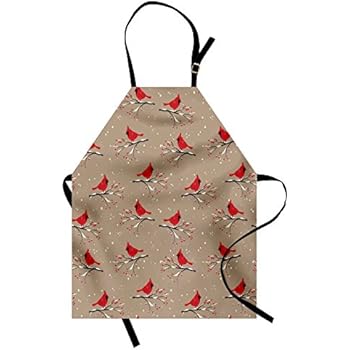 Lunarable Cardinal Apron, Cardinal Bird Silhouettes on Snowy Berry Branches on Abstract Background, Unisex Kitchen Bib with Adjustable Neck for Cooking Gardening, Adult Size, Caramel Taupe