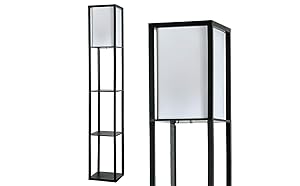 MiniSun – Lampada da terra moderna e nera di legno e tessuto bianco con mensole integrate – Lampada da terra con mensole