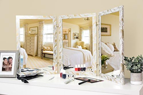Mirrotek Classic Wood Table Top 3 Way Vanity Desk Folding Personal Face Makeup Mirror, White and Gold