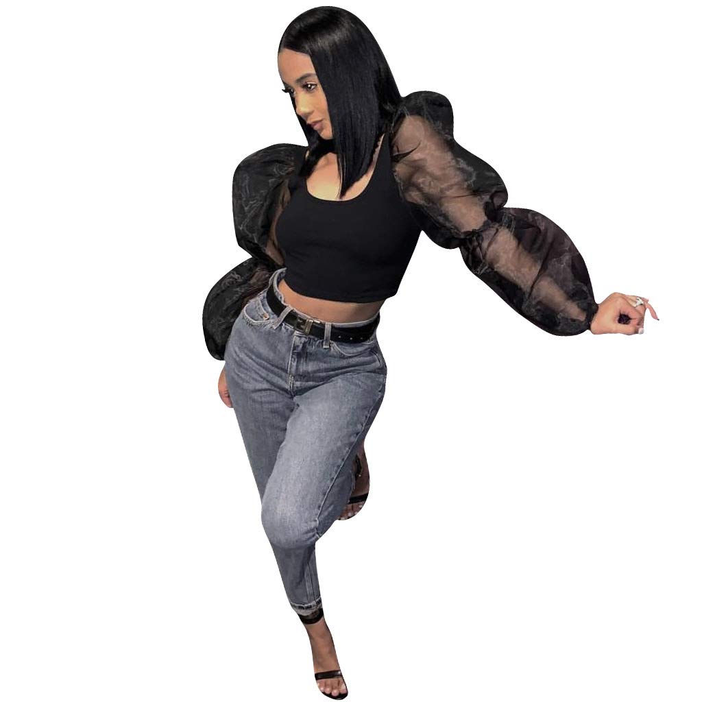 Womens Mesh Puff Sleeve Tops - Special Slim Fit Stretchy Summer Blouse Tee Black