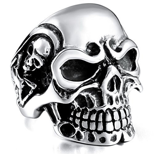 Mowom black stainless steel ring silver tone skull bone…