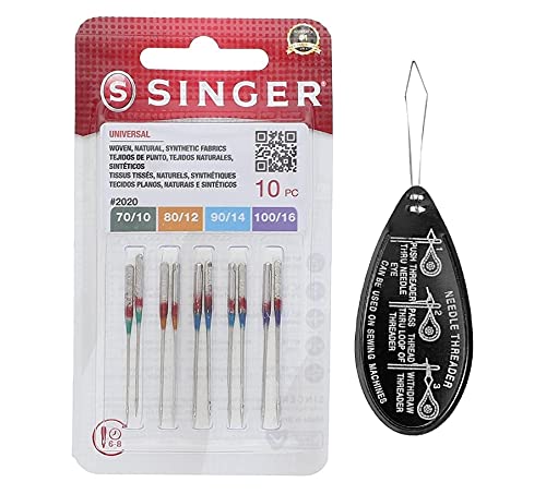 Singer Universal 2020 Sewing Machine Needles, Packet of 10, Assorted Sizes 70/10, 80/12, 90/14 & 100/16, Includes Large Needle Threader