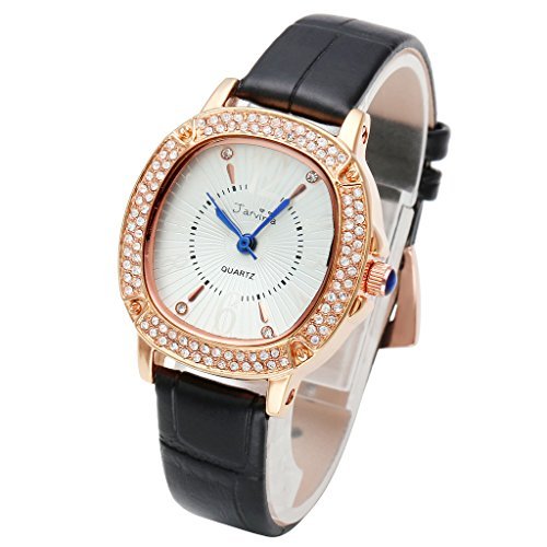 JSDDE Womens Luxury Leather Band Square Rhinestone Case Analog Quartz Wrist Watch Waterproof
