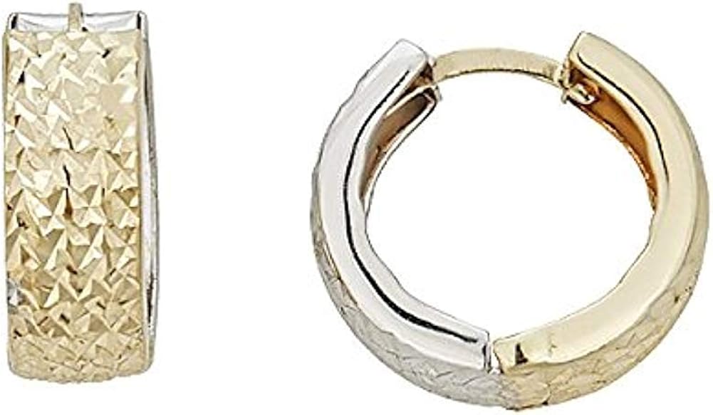 14K Two Tone Solid Gold Reversible Diamond Cut Huggie Earring | Reversible Huggie Earrings | Various Size 2.10x10mm - 5.80x15mm | Solid Gold Earrings for Women, Teens and Kids