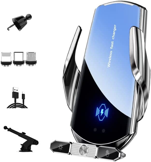 Wireless Car Charger Phone Holder, 15W Fast Charging Smart Auto Clamping Air Vent Cellphone Holder, Wireless Charging, Magnetic Head Charging, USB Charging with Type-C/iOS/Micro USB Port (Silver)