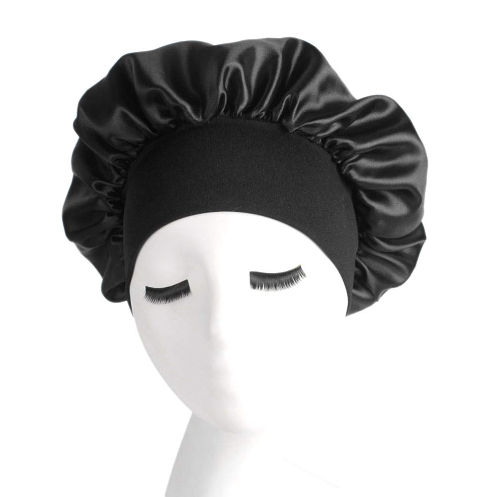 Wide Band Satin Bonnet Sleeping Cap Women Girls Soft Night Sleep Hat Chemo Caps Head Cover Beanie Elastic Long Hair Care Headwrap Ladies Beauty Cap Hair Loss Slouchy Cap Hair Accessories,Black