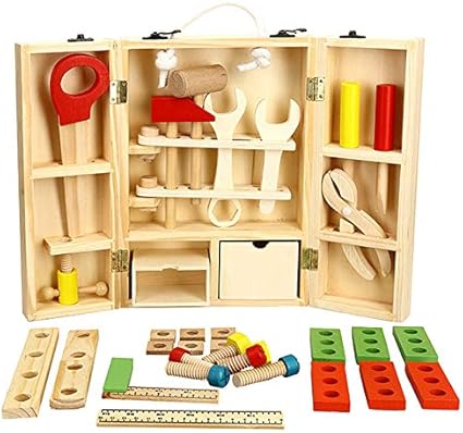 Amazon.com: Weksi Herramienta de madera juguetes caja de herramientas juguetes niños juguete educativo DIY construcción caja de herramientas pretender juguetes portátil para juegos familiares 43 piezas: Toys \u0026 Games