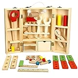 Weksi Wooden Tool Toys Toolbox Kids Toy Educational Toy DIY Construction Toolbox Pretend Toys Portable for Family Games Birthday 43pcs
