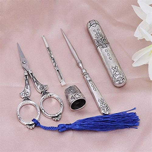 Tulas Sewing Scissors Set Vintage Embroidery Tool Alloy Awl Threader Thimble Needle Case Kit