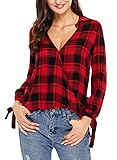 Cyerlia Womens Long Sleeve V Neck Casual Loose Plaid Blouse and Tops Shirts