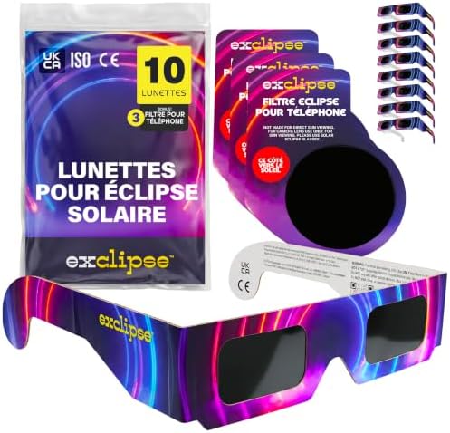 Lunettes Éclipse Solaire 10 Pack avec 3 Filtres Smartphone – Certifiées ISO 12312-2 et CE & UKCA, Kit Complet pour Observer et Photographier l’Éclipse 2026