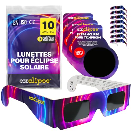 Lunettes Éclipse Solaire 10 Pack avec 3 Filtres Smartphone – Certifiées ISO 12312-2 et CE & UKCA, Kit Complet pour Observer et Photographier l’Éclipse 2026