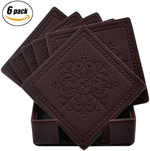 HappyDavid Leather Placemats Cup Mat Set of 6 with Coaster Holder for Fine Wine Beer or Any Beverage Use on Bars or Fine Furniture in Your Kitchen (brown square)